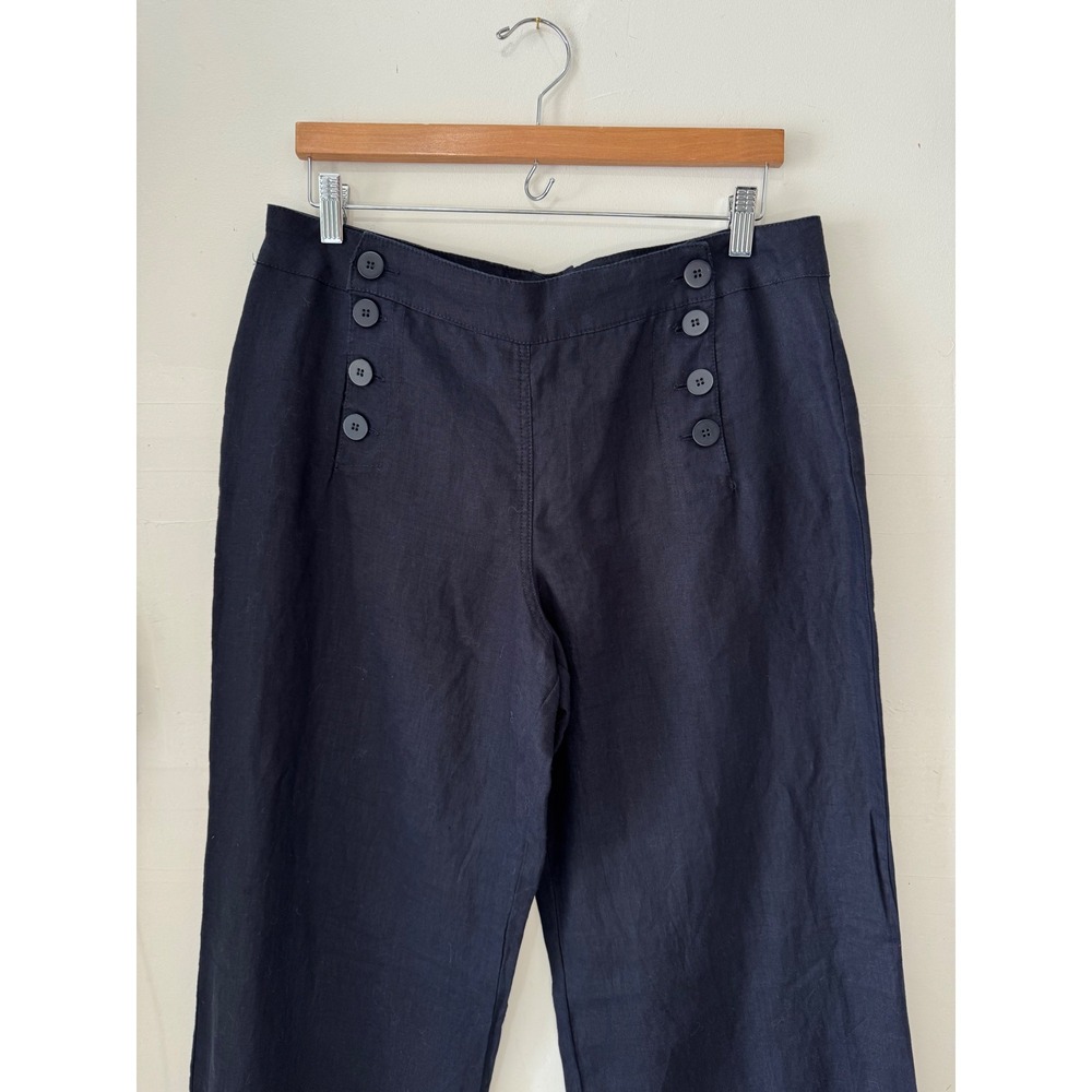 Navy Blue Linen Sailor Pant Size M Button Front Wide Leg Nautical Coastal Resort - Picture 2 of 11
